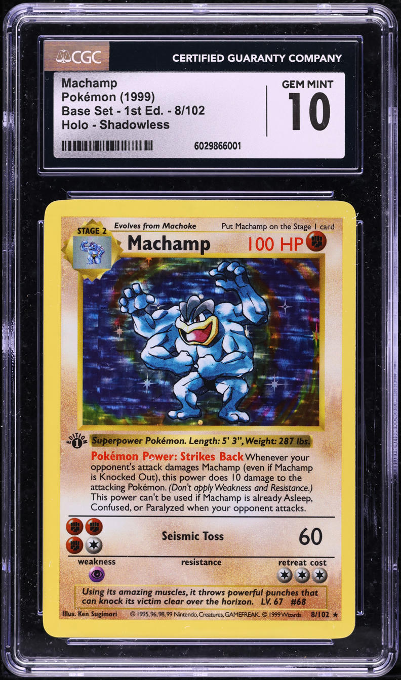 1999 POKEMON BASE SET SHADOWLESS 1ST EDITION HOLO MACHAMP #8 CGC 10 GEM MINT
