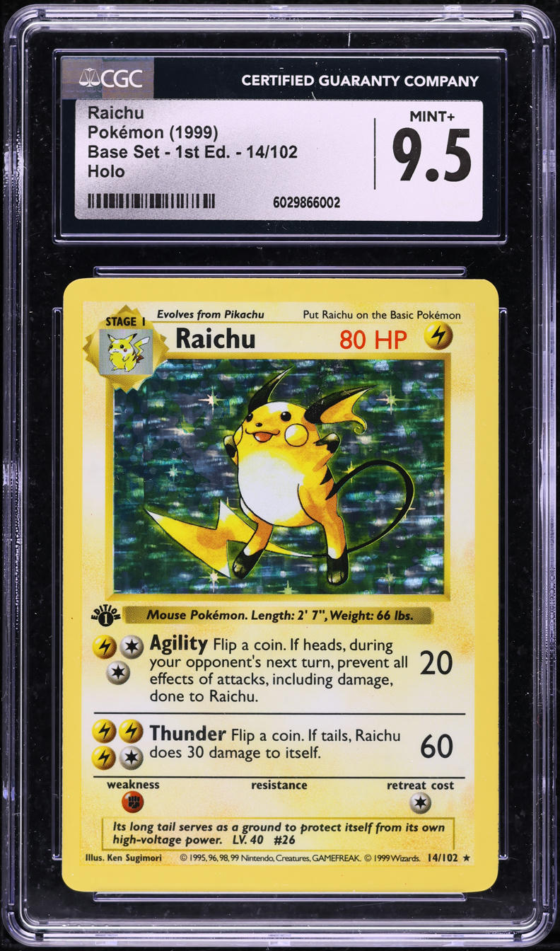 1999 POKEMON BASE SET SHADOWLESS 1ST EDITION HOLO RAICHU #14 CGC 9.5 MINT+
