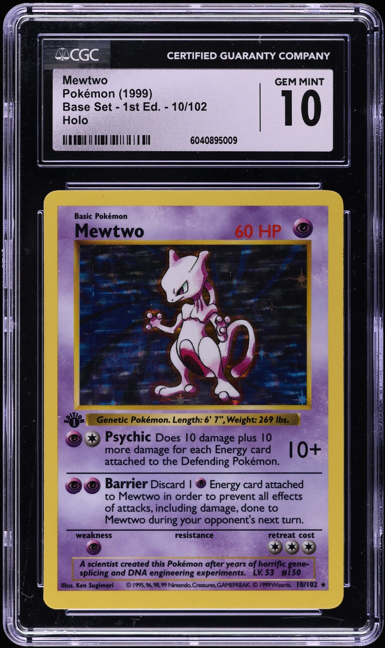 1999 POKEMON BASE SET SHADOWLESS 1ST EDITION HOLO MEWTWO #10 CGC 10 GEM MINT