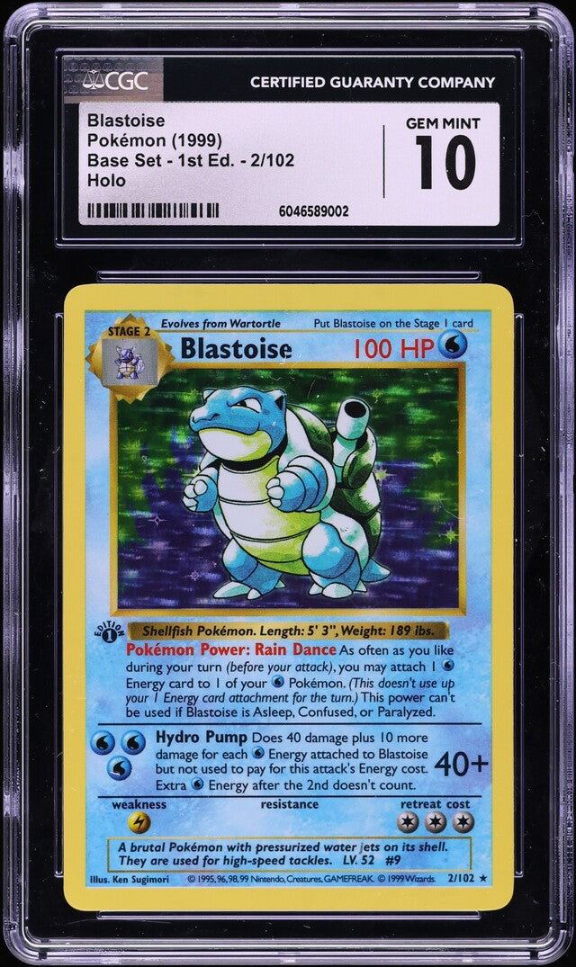 1999 POKEMON BASE SET SHADOWLESS 1ST EDITION HOLO BLASTOISE #2 CGC 10 GEM MINT