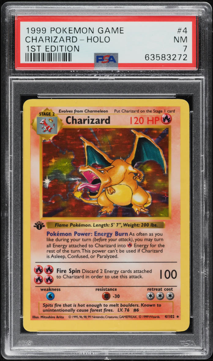 1999 POKEMON BASE SET SHADOWLESS 1ST EDITION HOLO CHARIZARD #4 PSA 7 NRMT