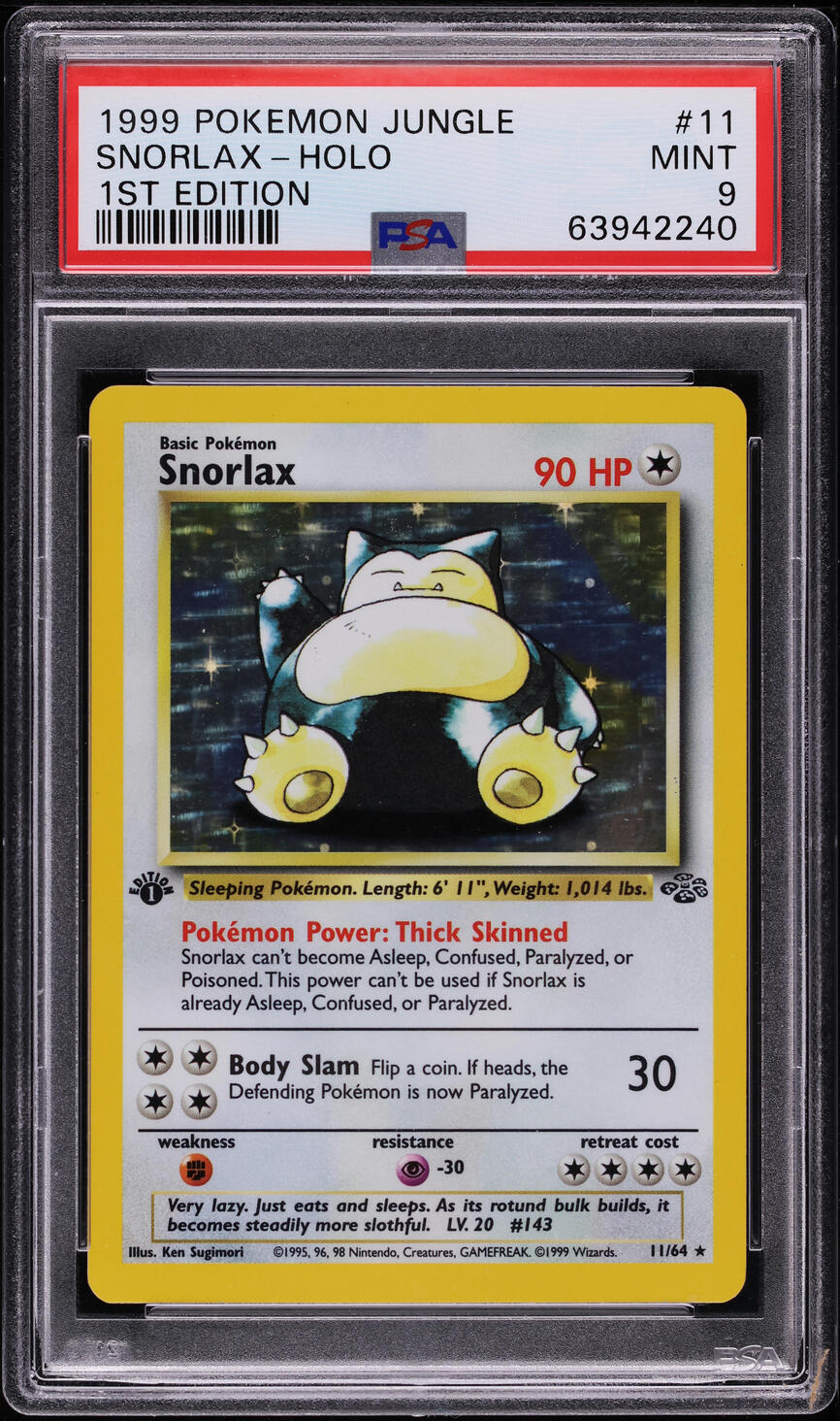 1999 POKEMON JUNGLE 1ST EDITION HOLO SNORLAX #11 PSA 9 MINT