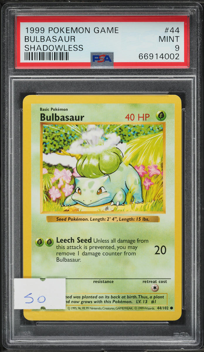 1999 POKEMON BASE SET SHADOWLESS BULBASAUR #44 PSA 9 MINT