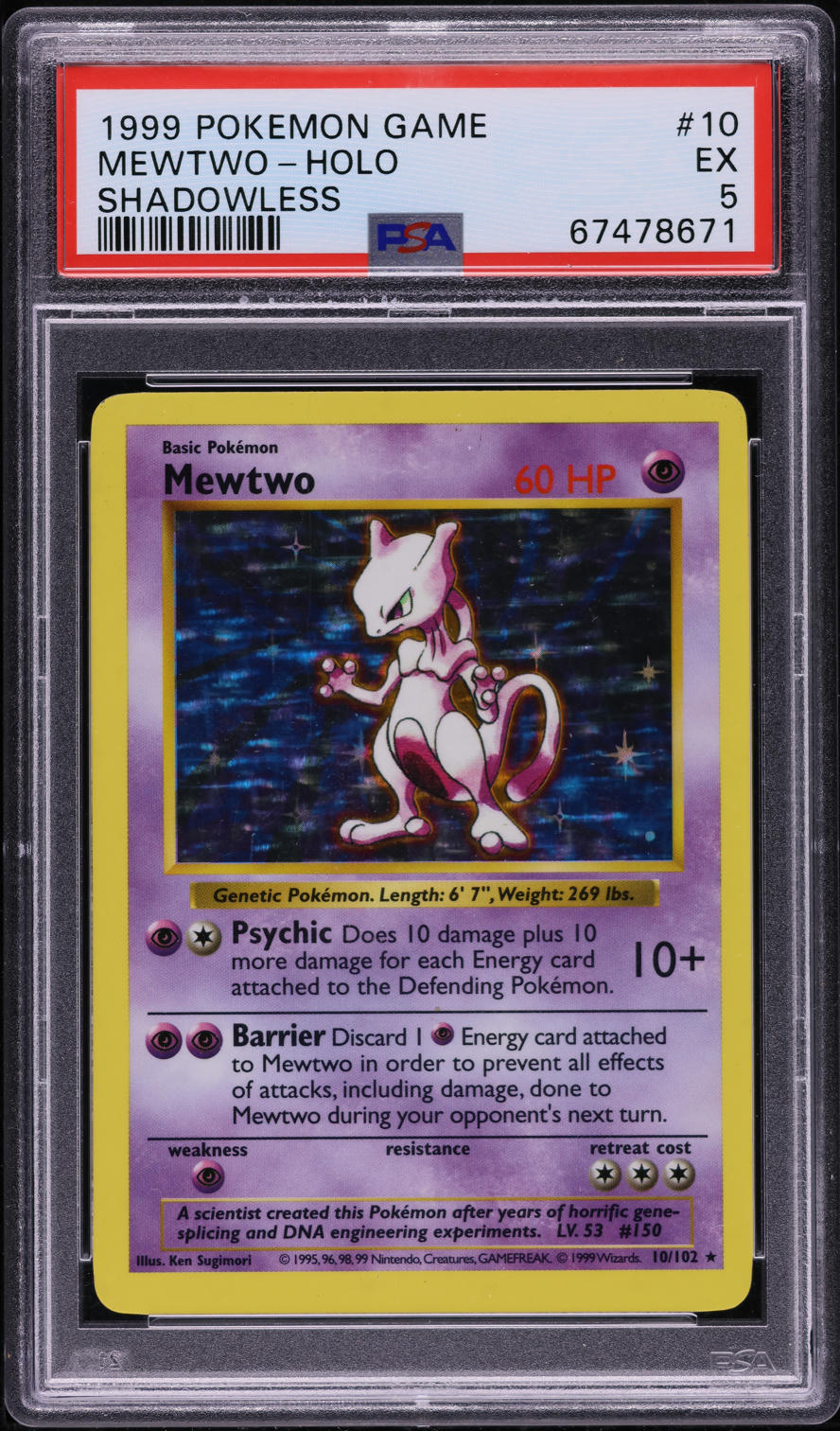 1999 POKEMON BASE SET SHADOWLESS HOLO MEWTWO #10 PSA 5 EX