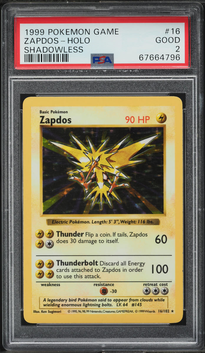 1999 POKEMON BASE SET SHADOWLESS HOLO ZAPDOS #16 PSA 2 GD