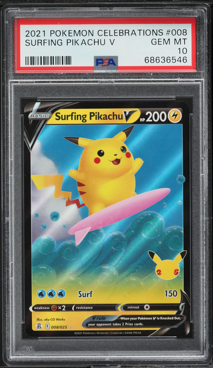 2021 POKEMON SWORD & SHIELD CELEBRATIONS SURFING PIKACHU V #8 PSA 10 GEM MINT