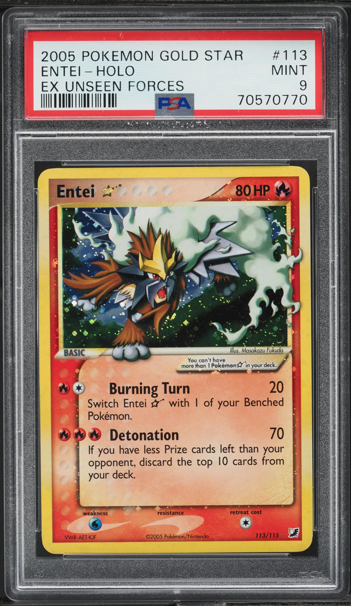 2005 POKEMON EX UNSEEN FORCES HOLO ENTEI GOLD STAR #113 PSA 9 MINT