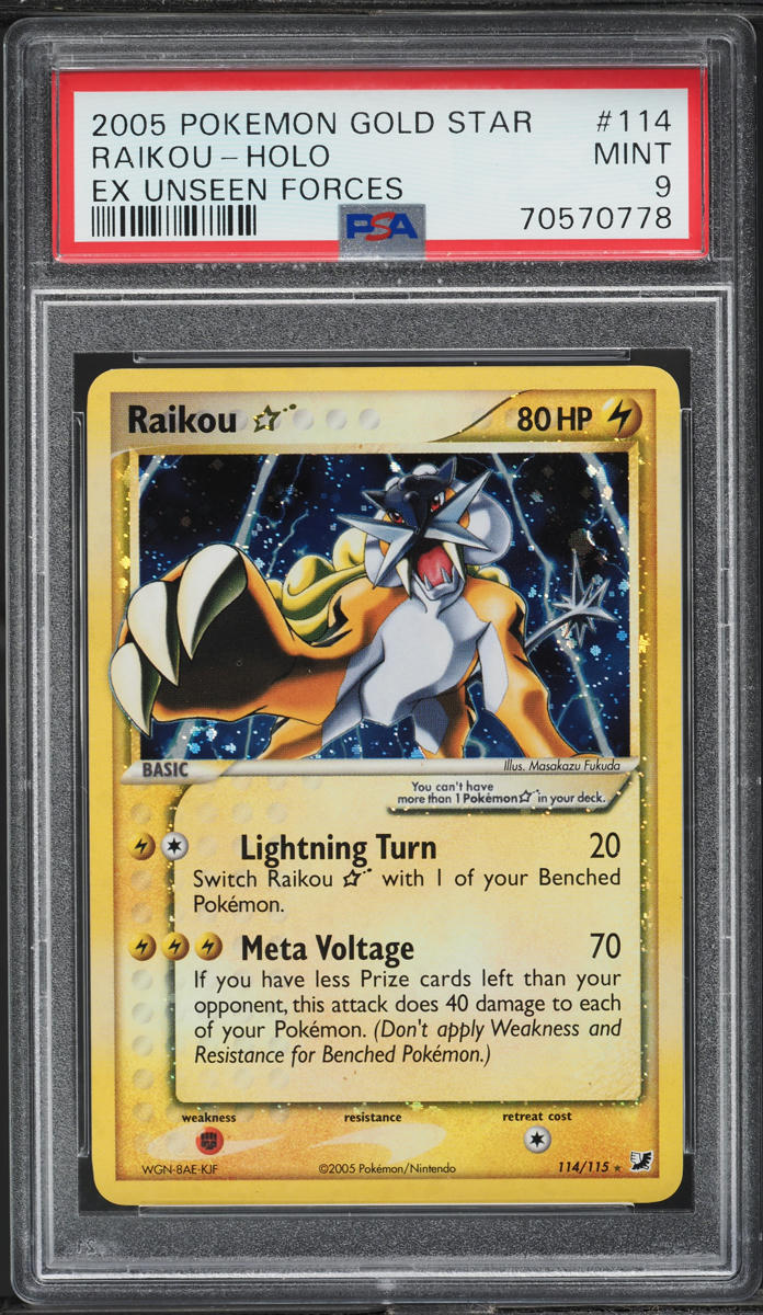 2005 POKEMON EX UNSEEN FORCES HOLO RAIKOU GOLD STAR #114 PSA 9 MINT