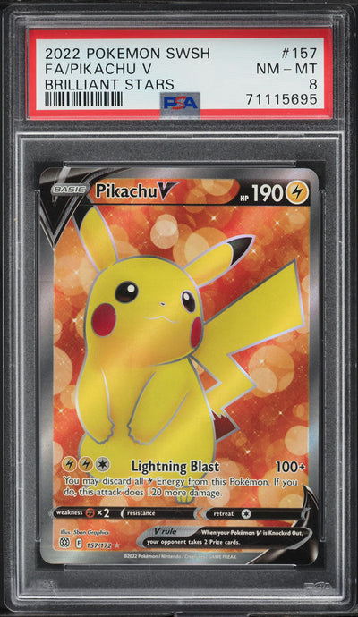 2022 POKEMON SWSH BRILLIANT STARS FULL ART PIKACHU V #157 PSA 8 NM-MT