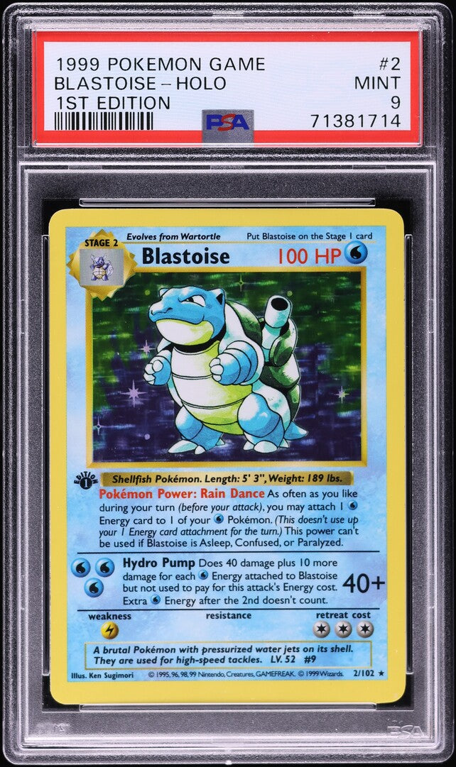 1999 POKEMON BASE SET SHADOWLESS 1ST EDITION HOLO BLASTOISE #2 PSA 9 MINT