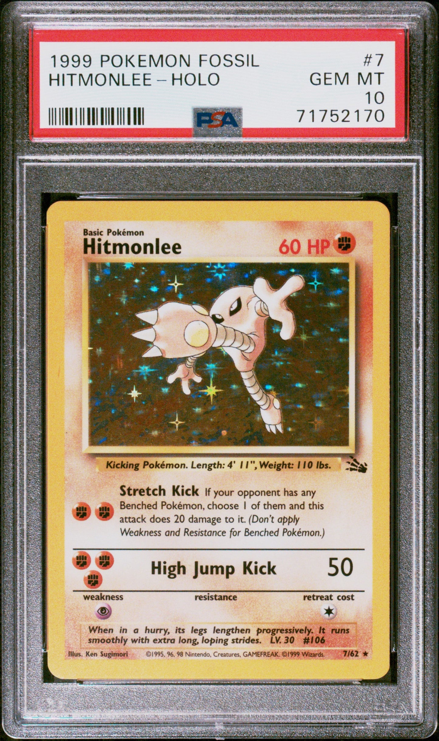 1999 POKEMON FOSSIL HOLO HITMONLEE #7 PSA 10