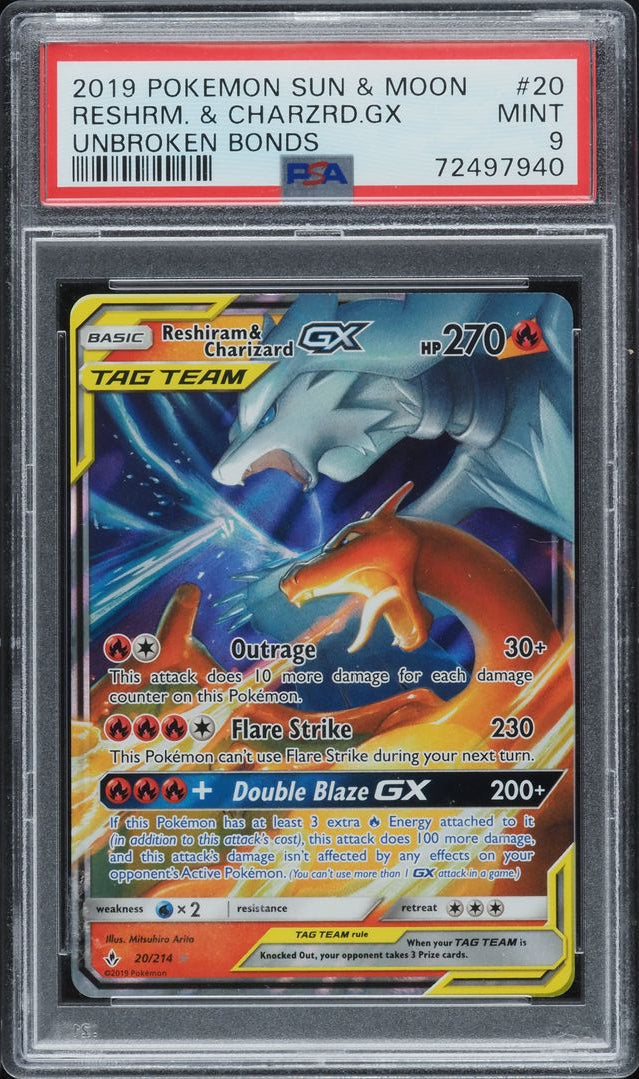 2019 POKEMON SUN & MOON SM UNBROKEN BONDS RESHIRAM & CHARIZARD GX #20 PSA 9