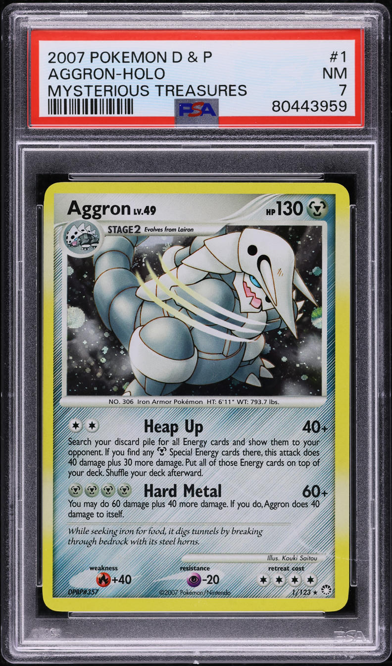 2007 POKEMON DIAMOND & PEARL MYSTERIOUS TREASURES HOLO AGGRON #1 PSA 7 NRMT