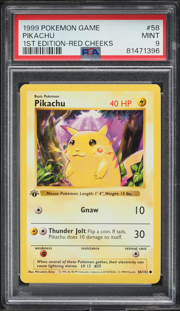 1999 POKEMON BASE SET SHADOWLESS 1ST EDITION RED CHEEKS PIKACHU #58 PSA 9 MINT