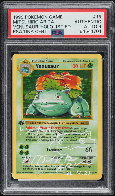 1999 POKEMON BASE SET 1ST EDITION HOLO VENUSAUR #15 ARITA AUTO 9 PSA AUTH