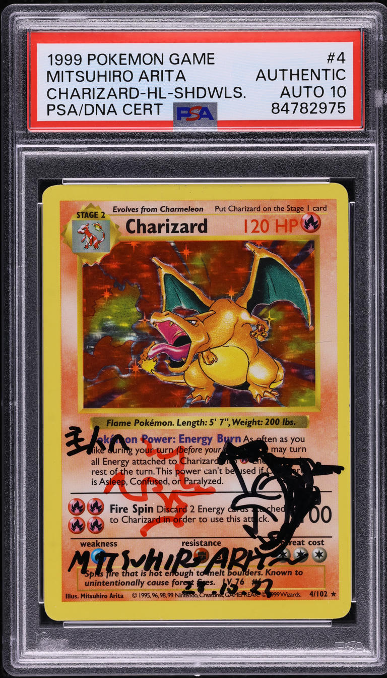 1999 POKEMON BASE SET SHADOWLESS HOLO CHARIZARD #4 ARITA AUTO 10 PSA AUTH ALTERED