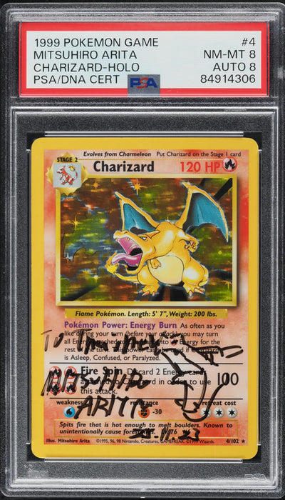 1999 POKEMON BASE SET HOLO CHARIZARD #4 ARITA AUTO 8 PSA 8