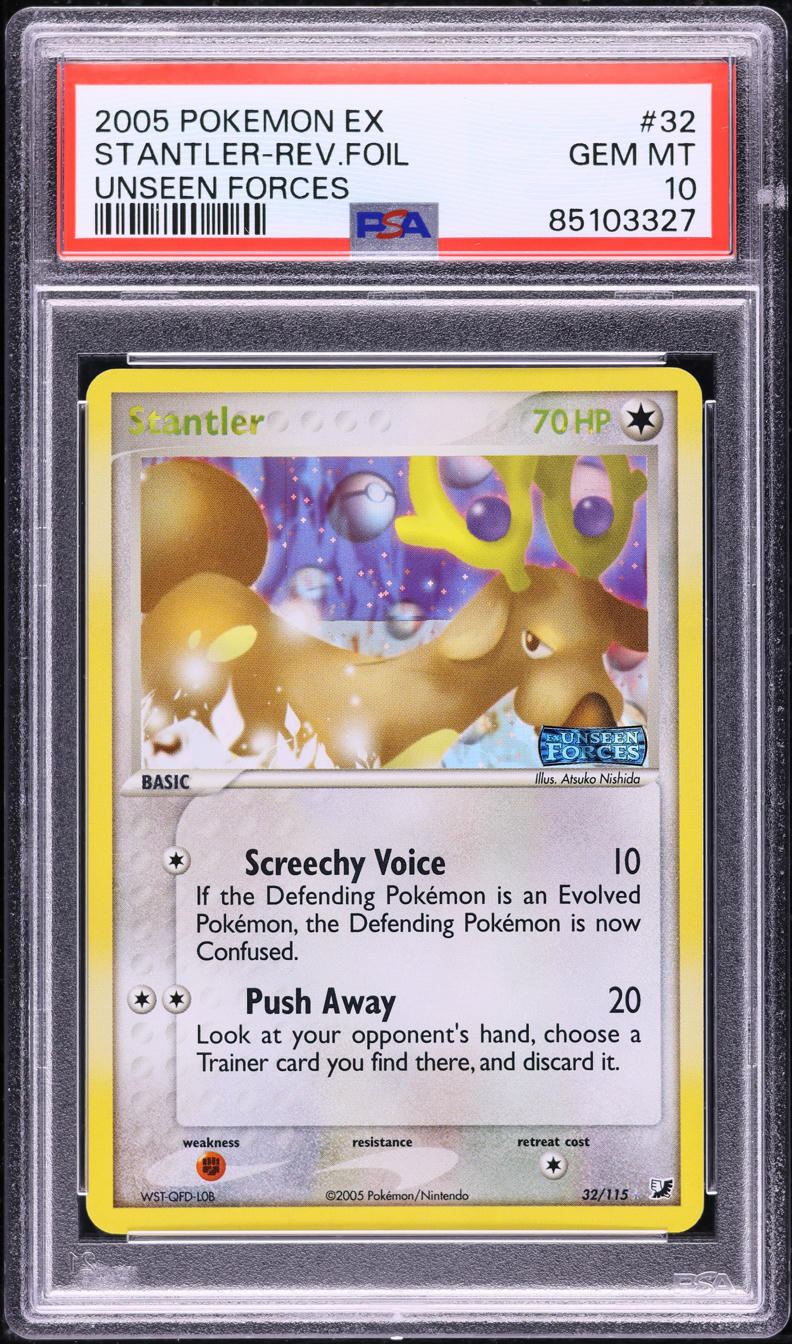 2005 POKEMON EX UNSEEN FORCES REVERSE HOLO STANTLER #32 PSA 10 GEM MINT