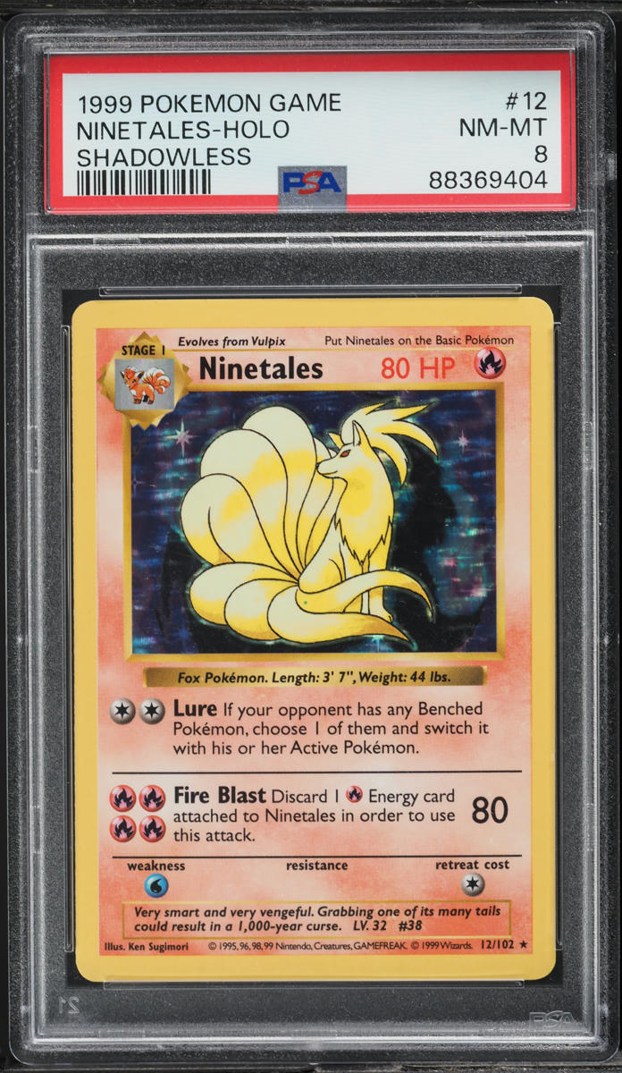 1999 POKEMON BASE SET SHADOWLESS HOLO NINETALES #12 PSA 8 NM-MT