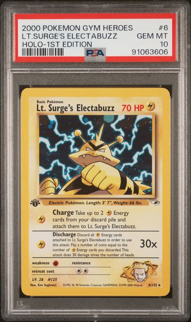 2000 POKEMON GYM HEROES 1ST EDITION HOLO LT. SURGE'S ELECTABUZZ #6 PSA 10