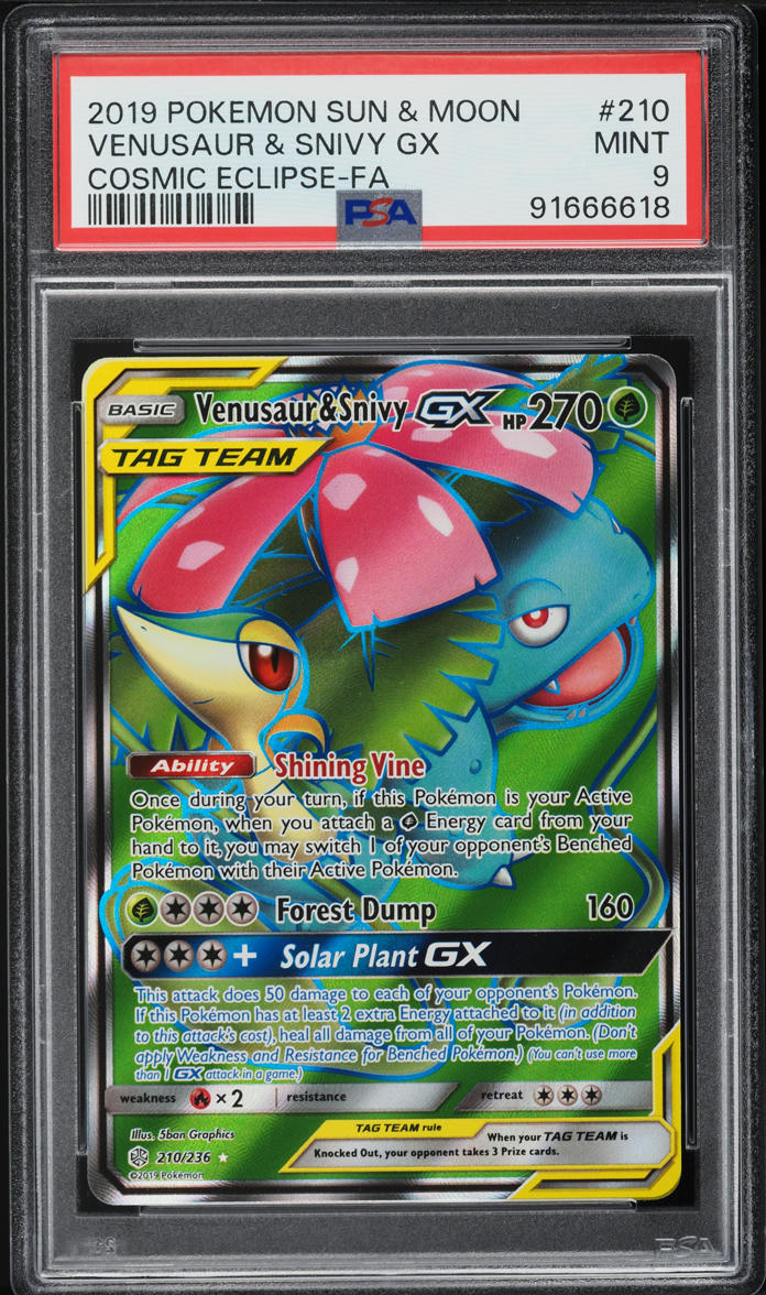 2019 POKEMON SUN & MOON COSMIC ECLIPSE FULL ART VENUSAUR & SNIVY GX #210 PSA 9 MINT