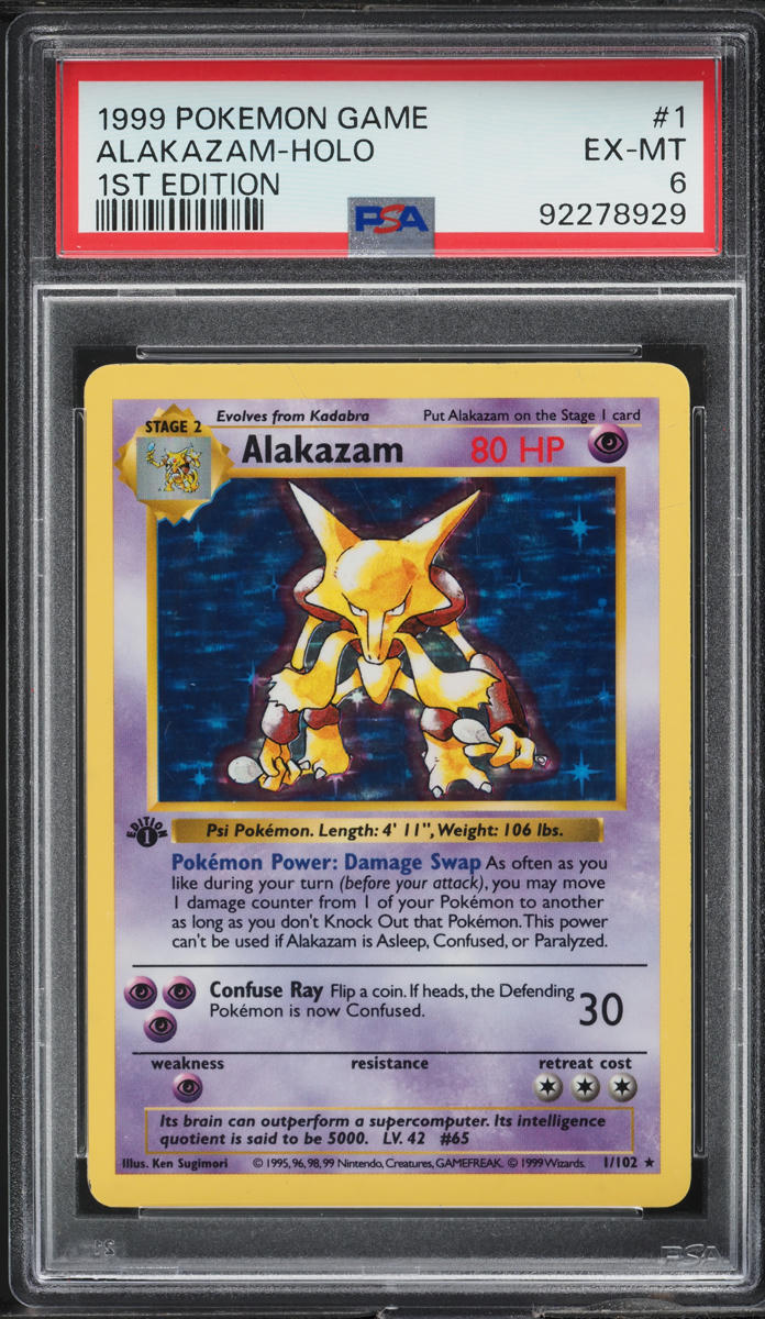 1999 POKEMON BASE SET SHADOWLESS 1ST EDITION HOLO ALAKAZAM #1 PSA 6 EXMT