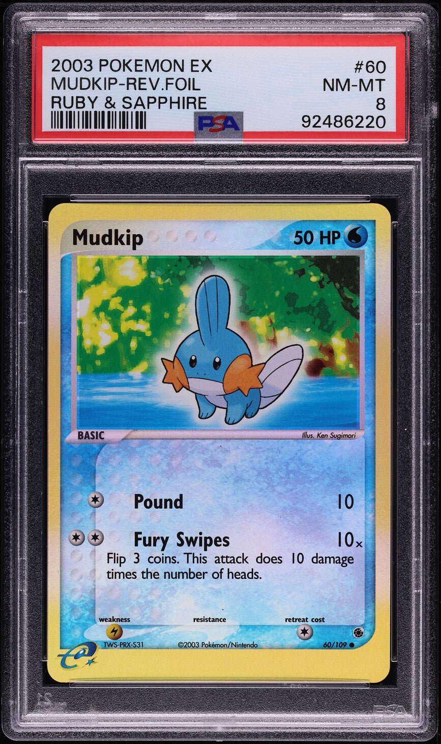 2003 POKEMON EX RUBY & SAPPHIRE REVERSE HOLO MUDKIP #60 PSA 8 NM-MT