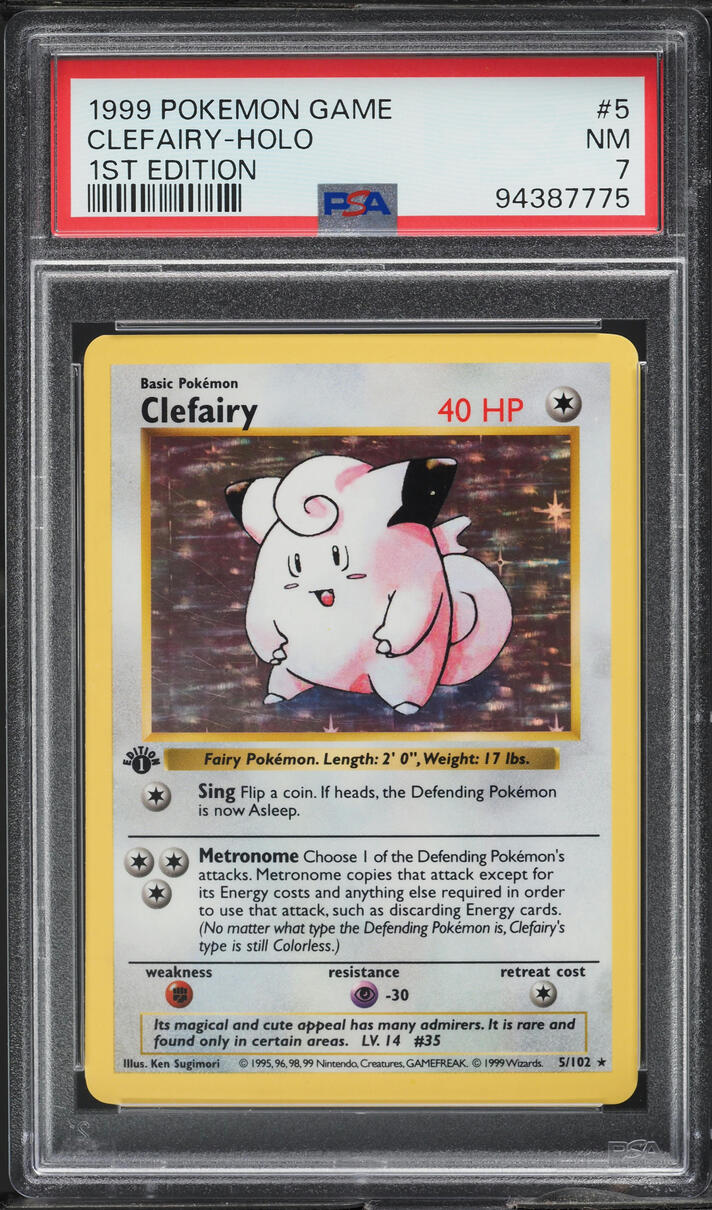 1999 POKEMON BASE SET SHADOWLESS 1ST EDITION HOLO CLEFAIRY #5 PSA 7 NRMT