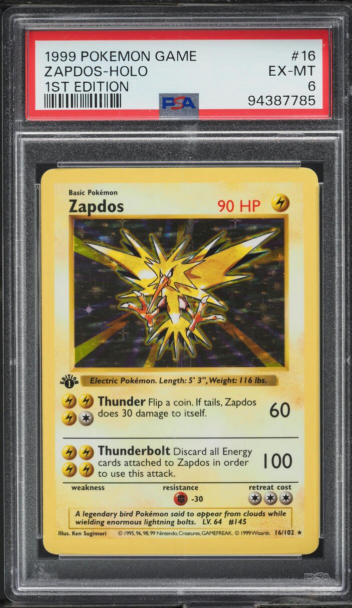 1999 POKEMON BASE SET SHADOWLESS 1ST EDITION HOLO ZAPDOS #16 PSA 6 EXMT