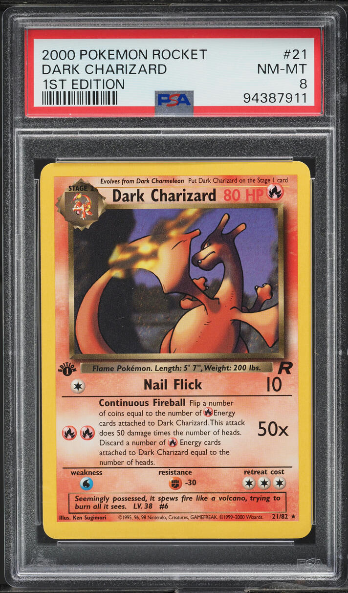 2000 POKEMON TEAM ROCKET 1ST EDITION DARK CHARIZARD #21 PSA 8 NM-MT