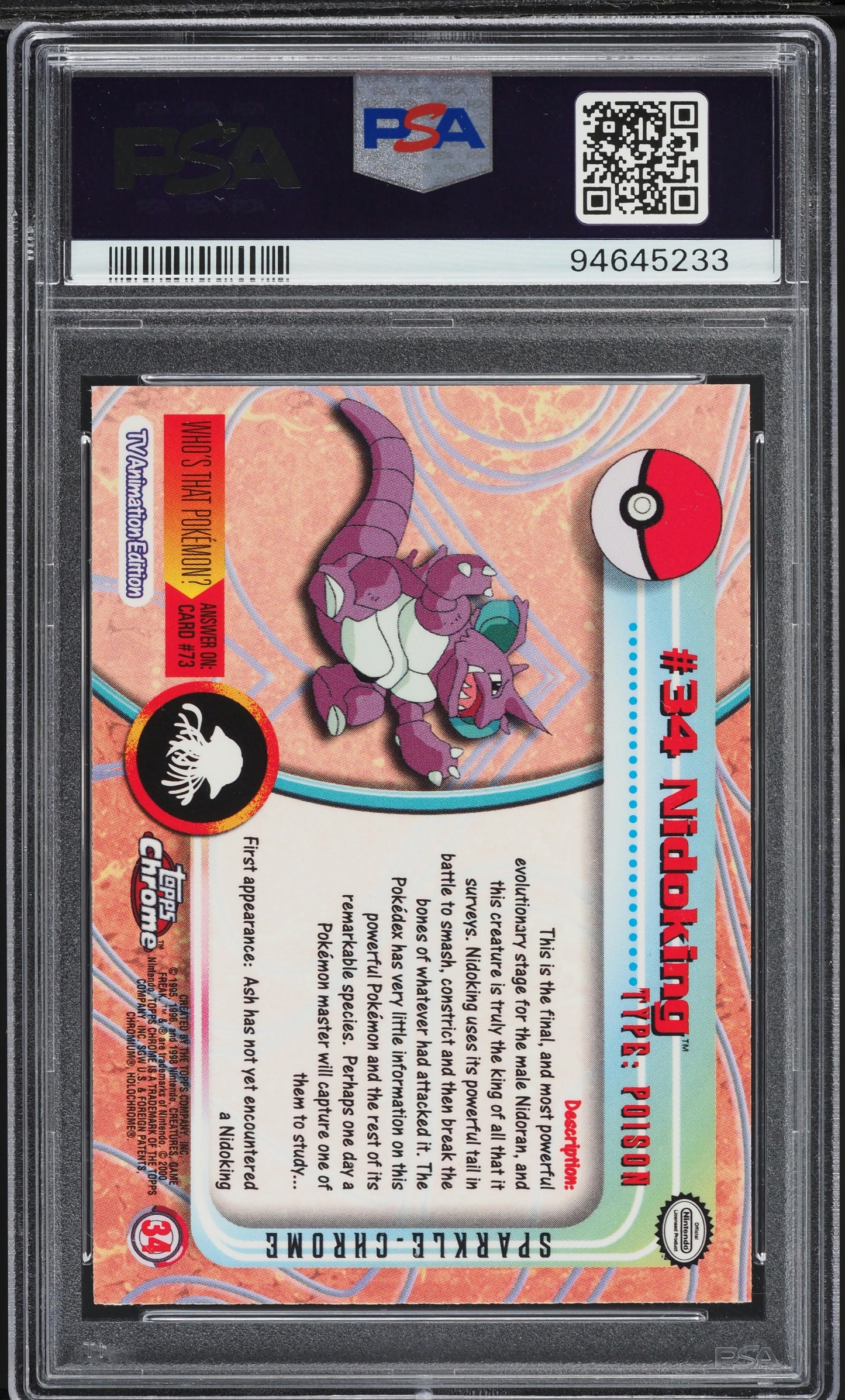 2000 TOPPS CHROME POKEMON SERIES 1 SPARKLE NIDOKING #34 PSA 10 GEM MINT