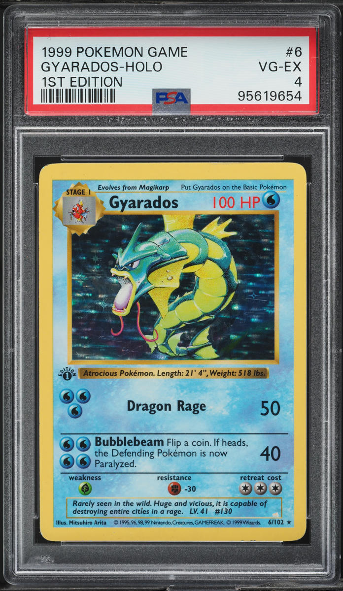 1999 POKEMON BASE SET SHADOWLESS 1ST EDITION HOLO GYARADOS #6 PSA 4 VGEX