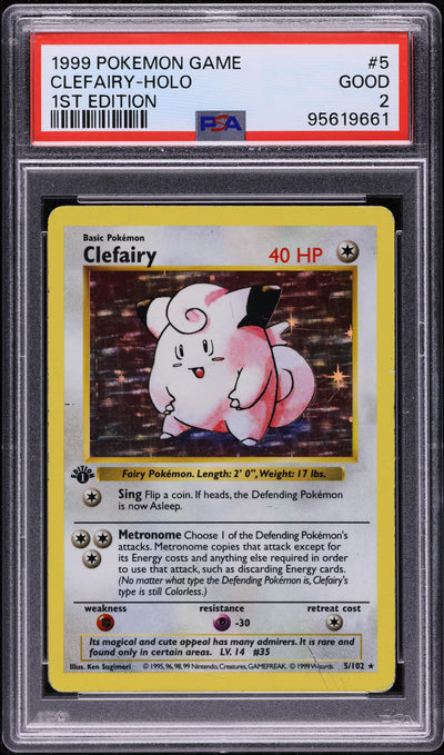 1999 POKEMON BASE SET SHADOWLESS 1ST EDITION HOLO CLEFAIRY #5 PSA 2 GD