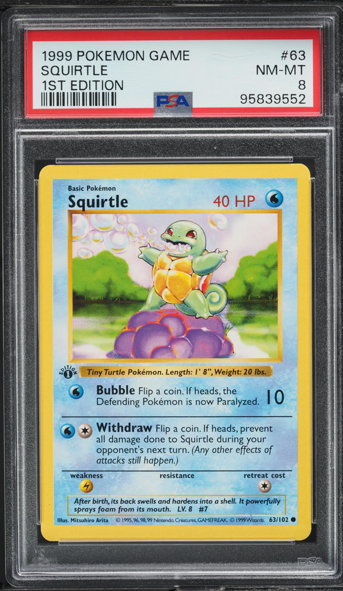 1999 POKEMON BASE SET SHADOWLESS 1ST EDITION SQUIRTLE #63 PSA 8 NM-MT