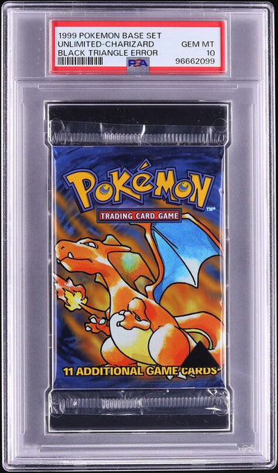 1999 POKEMON BASE SET BLACK TRIANGLE ERROR CHARIZARD BOOSTER PACK PSA 10