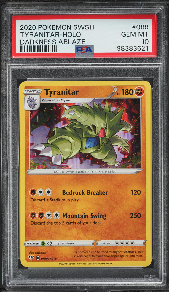 2020 POKEMON SWORD & SHIELD DARKNESS ABLAZE HOLO TYRANITAR #088 PSA 10 GEM MINT