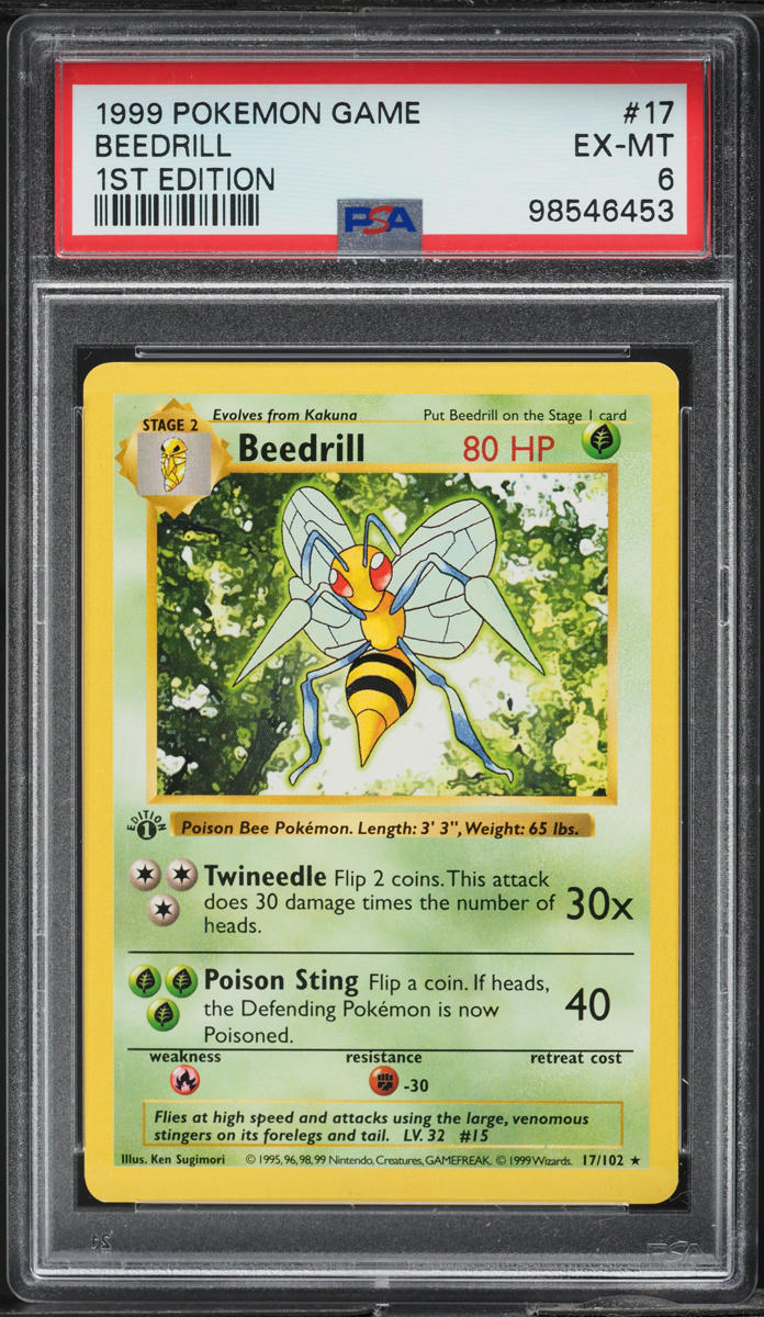 1999 POKEMON BASE SET SHADOWLESS 1ST EDITION BEEDRILL #17 PSA 6 EXMT