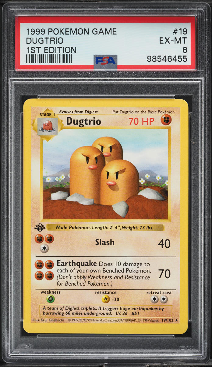 1999 POKEMON BASE SET SHADOWLESS 1ST EDITION DUGTRIO #19 PSA 6 EXMT