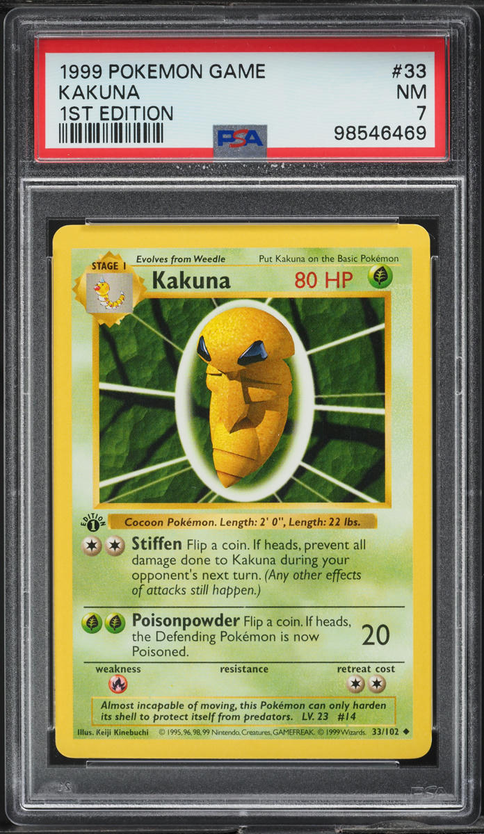 1999 POKEMON BASE SET SHADOWLESS 1ST EDITION KAKUNA #33 PSA 7 NRMT