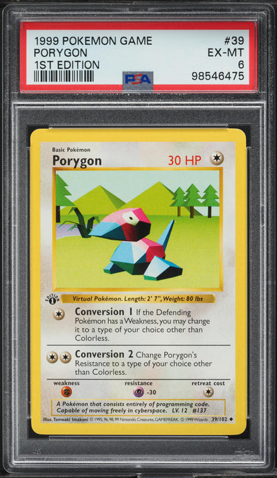 1999 POKEMON BASE SET SHADOWLESS 1ST EDITION PORYGON #39 PSA 6 EXMT