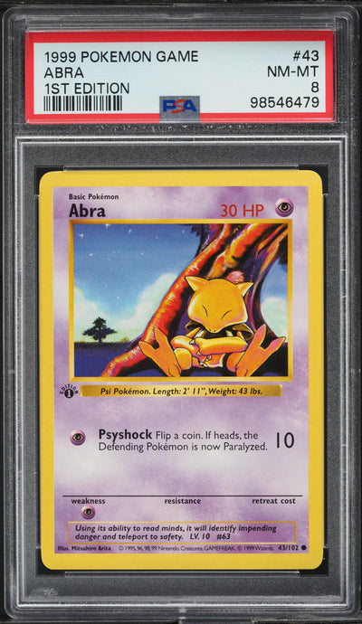 1999 POKEMON BASE SET SHADOWLESS 1ST EDITION ABRA #43 PSA 8 NM-MT