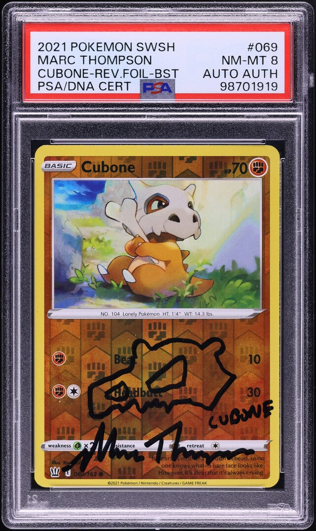 2021 POKEMON SWSH BATTLE STYLES REVERSE HOLO CUBONE #69 MARC THOMPSON AUTO PSA 8 *VOICE ACTOR*