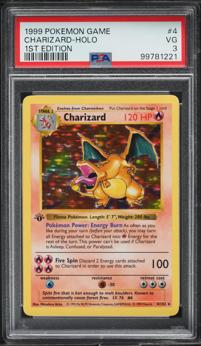 1999 POKEMON BASE SET SHADOWLESS 1ST EDITION HOLO CHARIZARD #4 PSA 3 VG