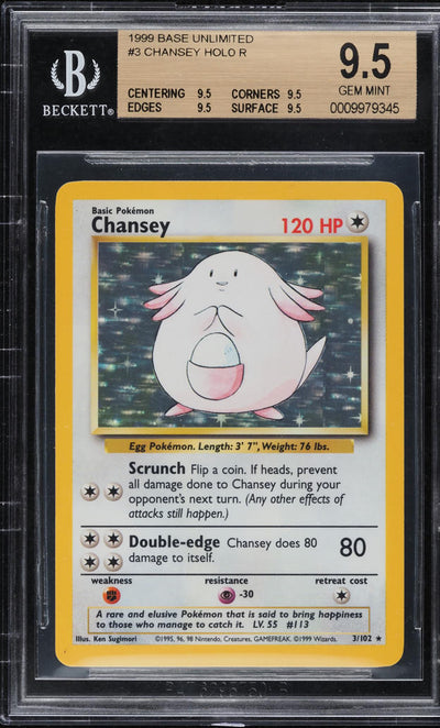 1999 POKEMON BASE SET HOLO CHANSEY #3 BGS 9.5 GEM MINT