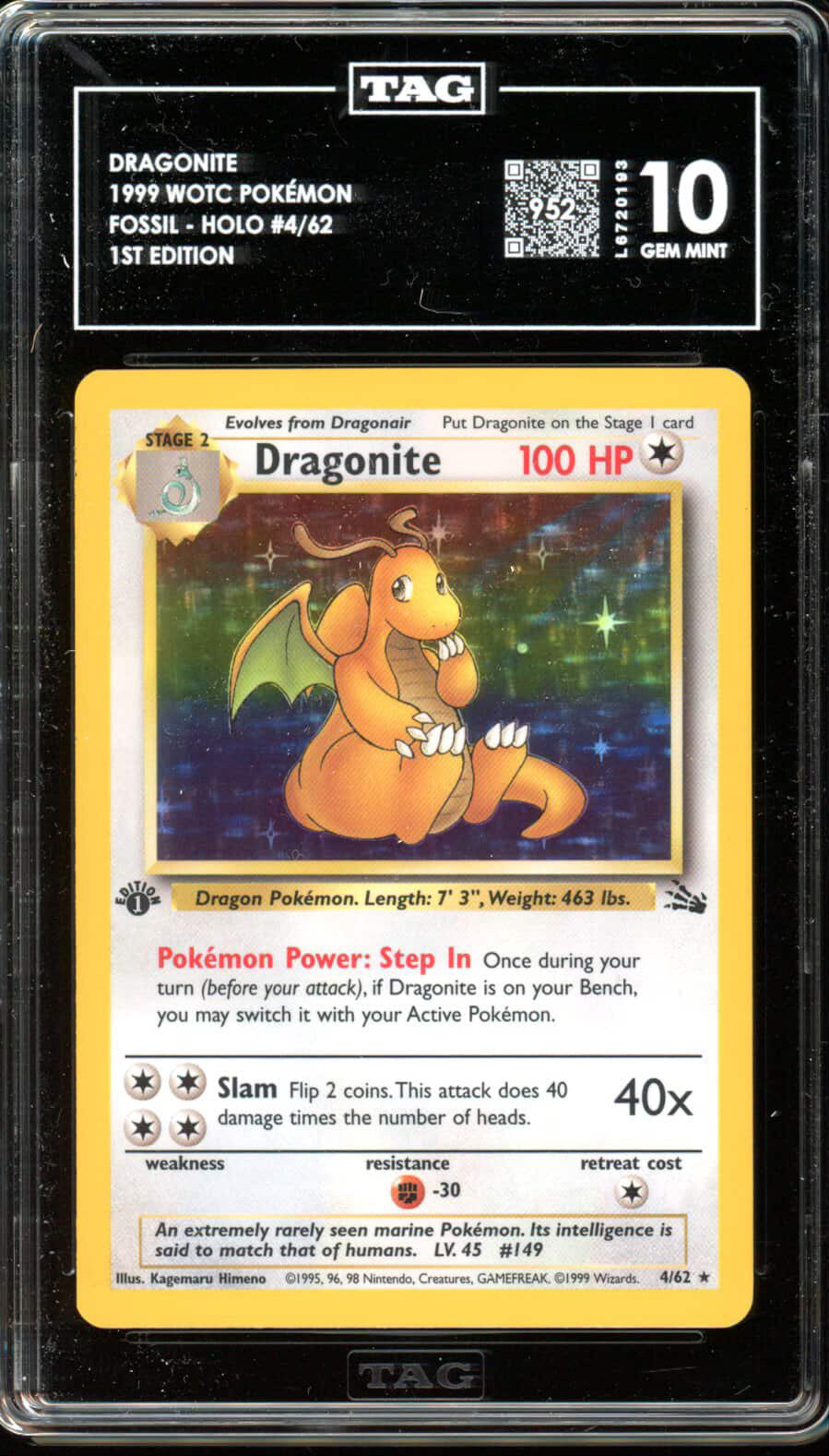 1999 POKEMON FOSSIL 1ST EDITION HOLO DRAGONITE #4 TAG 10